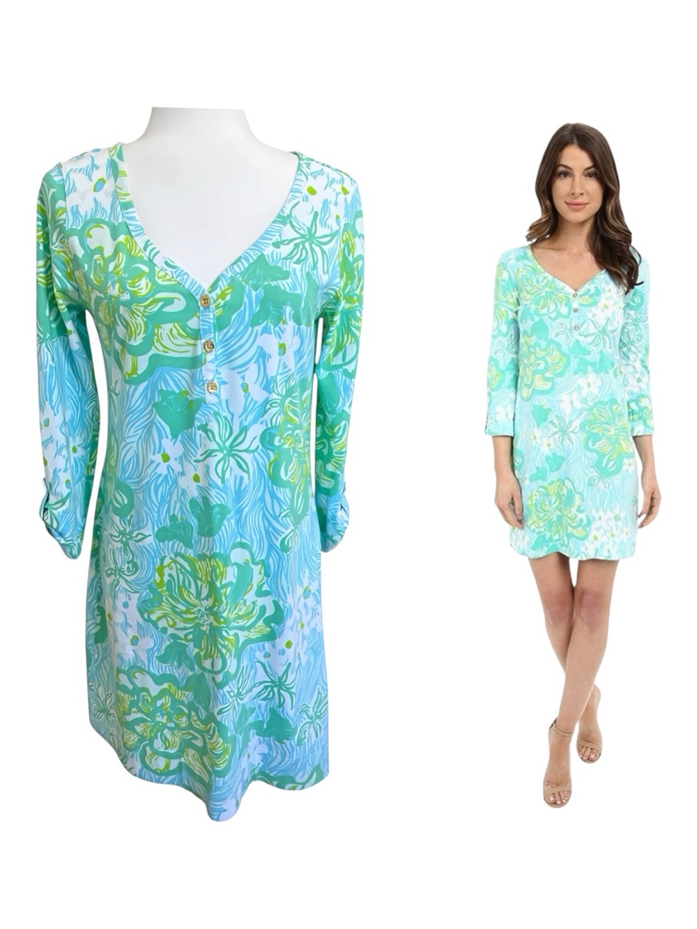 Lilly Pulitzer Palmetto Dress M Lagoon Green Wave Rider Pima Cotton V-Neck